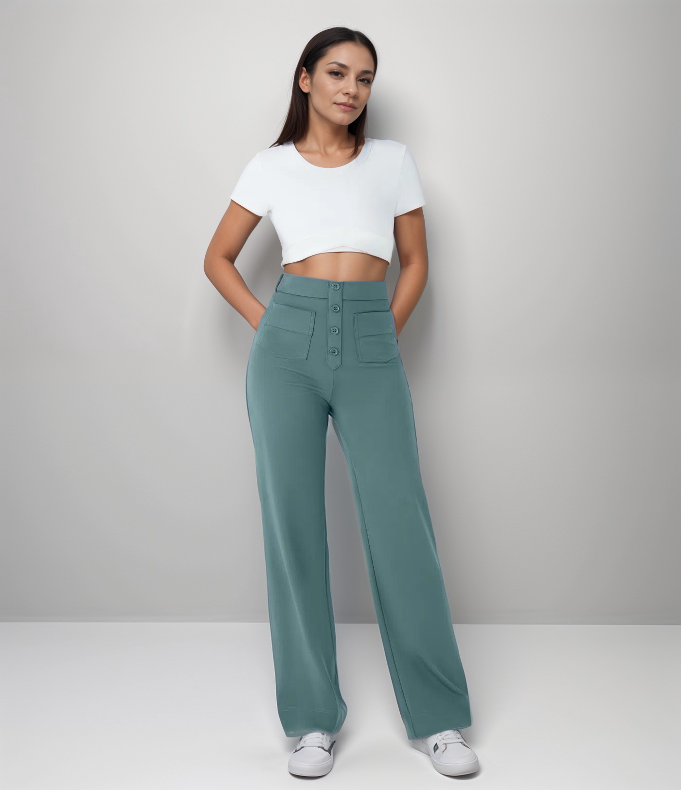 High-Waisted Wide Leg Trousers with Button Front