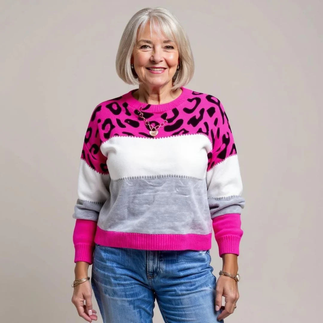 Women's Leopard Print Colour Block Round Neck Sweater