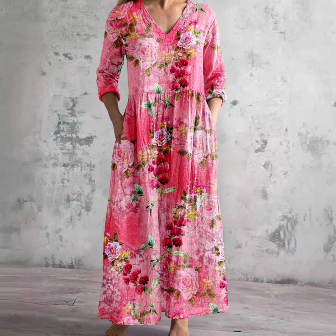 Robe longue à col en V avec imprimé floral botanique et poches