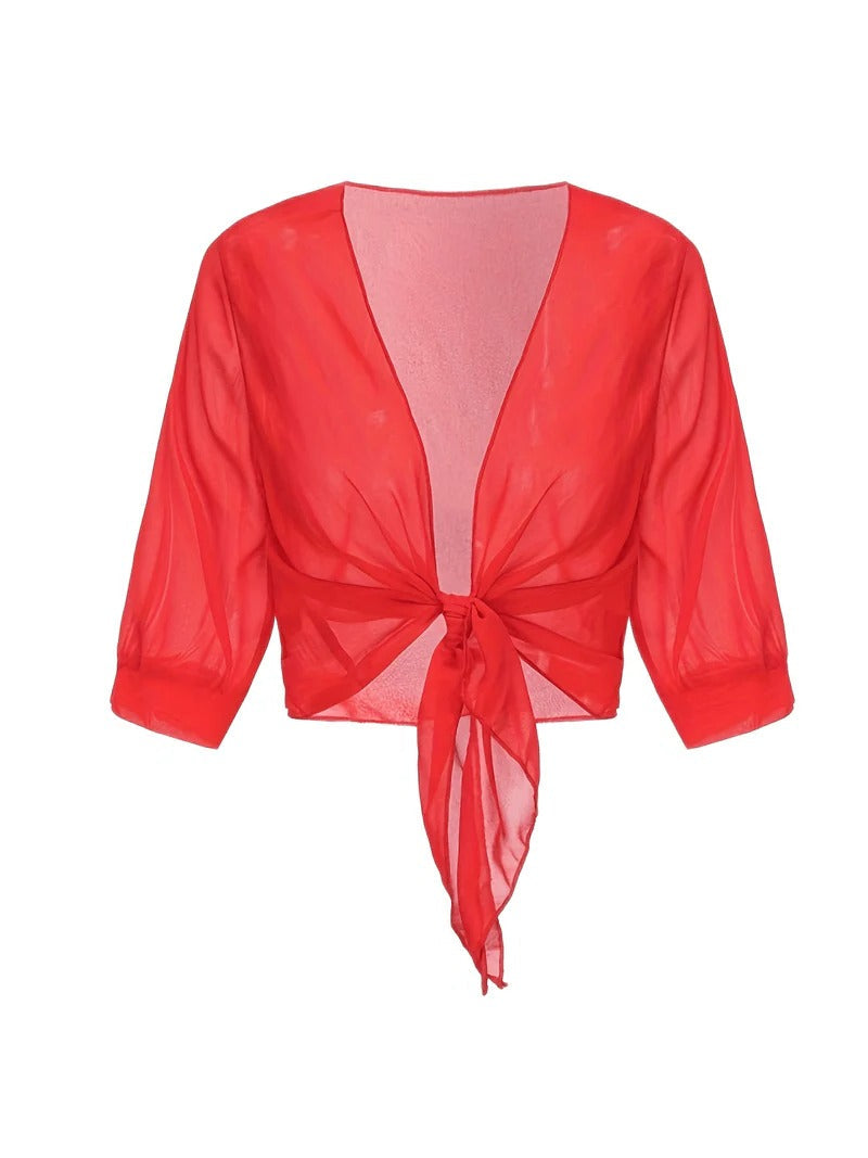 Sheer Tie-Front Cropped Chiffon Cardigan