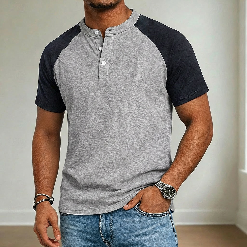 Colour Block Raglan Sleeve Henley T-Shirt