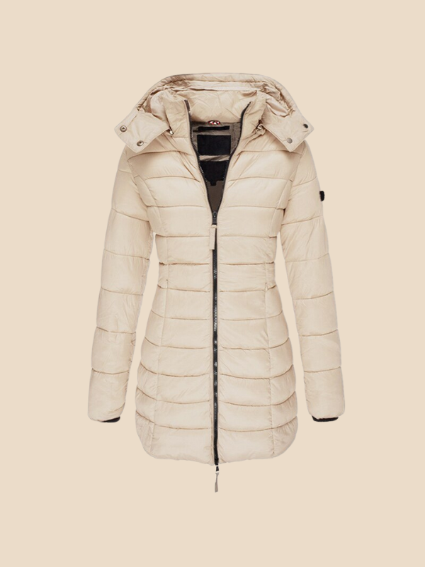 Women's hooded navy quilted longline puffer coat with zip front and angled zip pockets