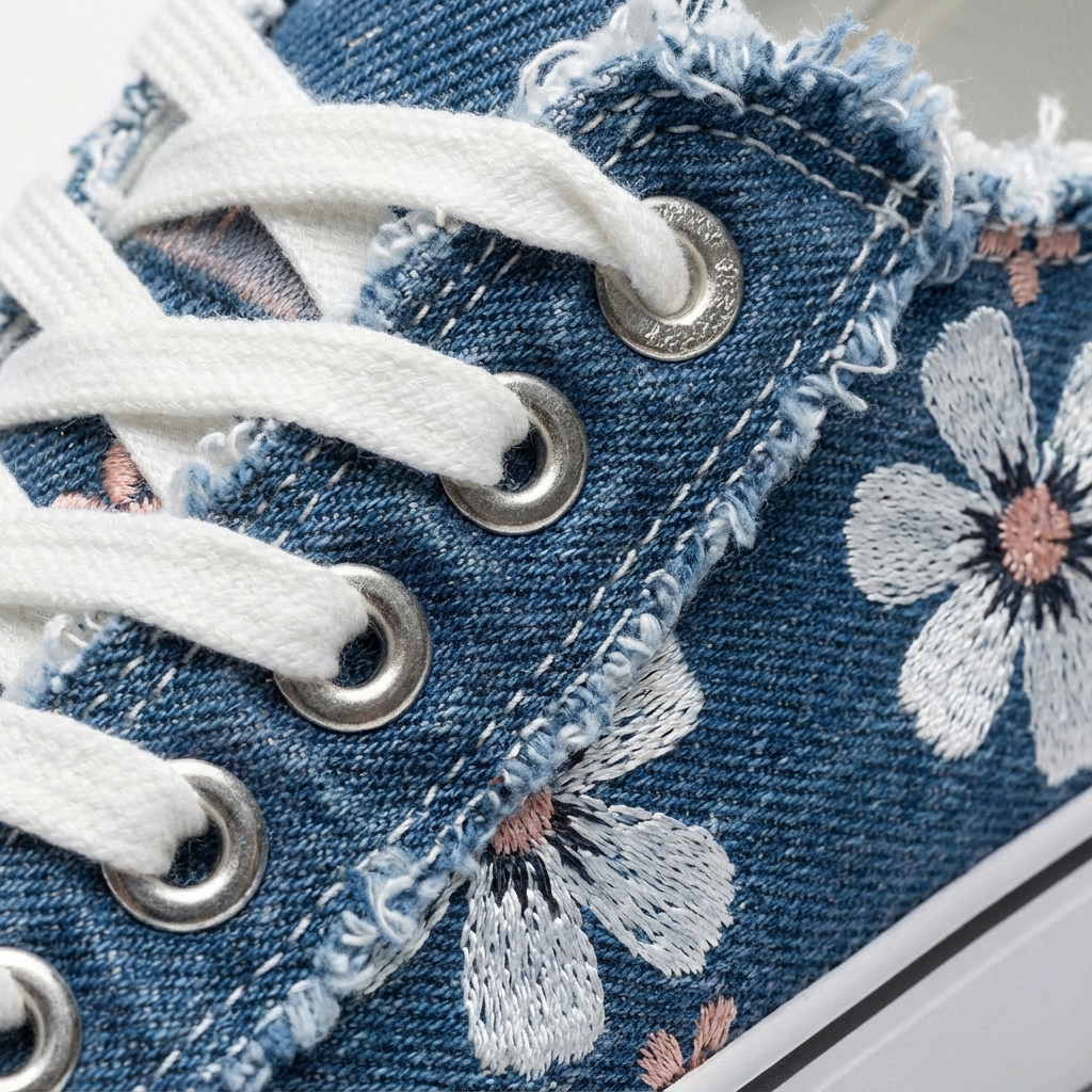 Women's Floral Print Distressed Denim Lace-Up Sneakers