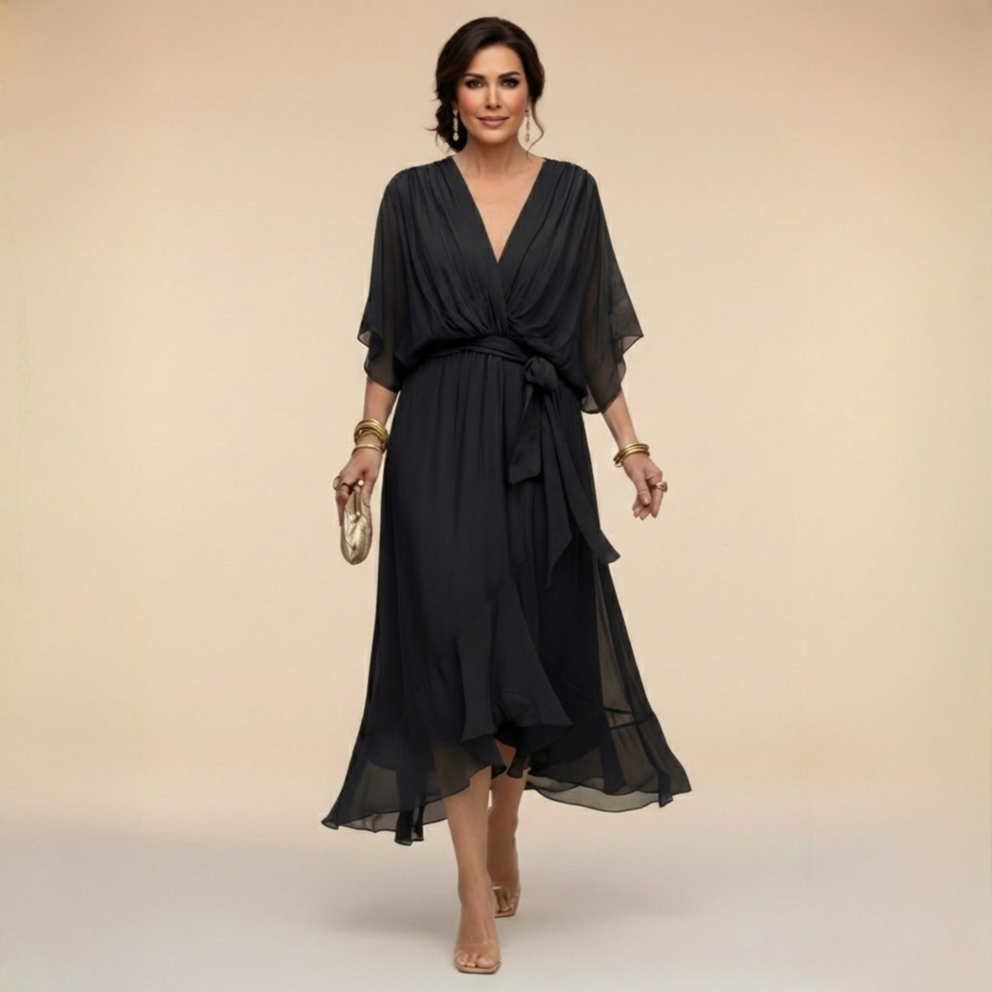 Robe midi portefeuille en mousseline à manches kimono