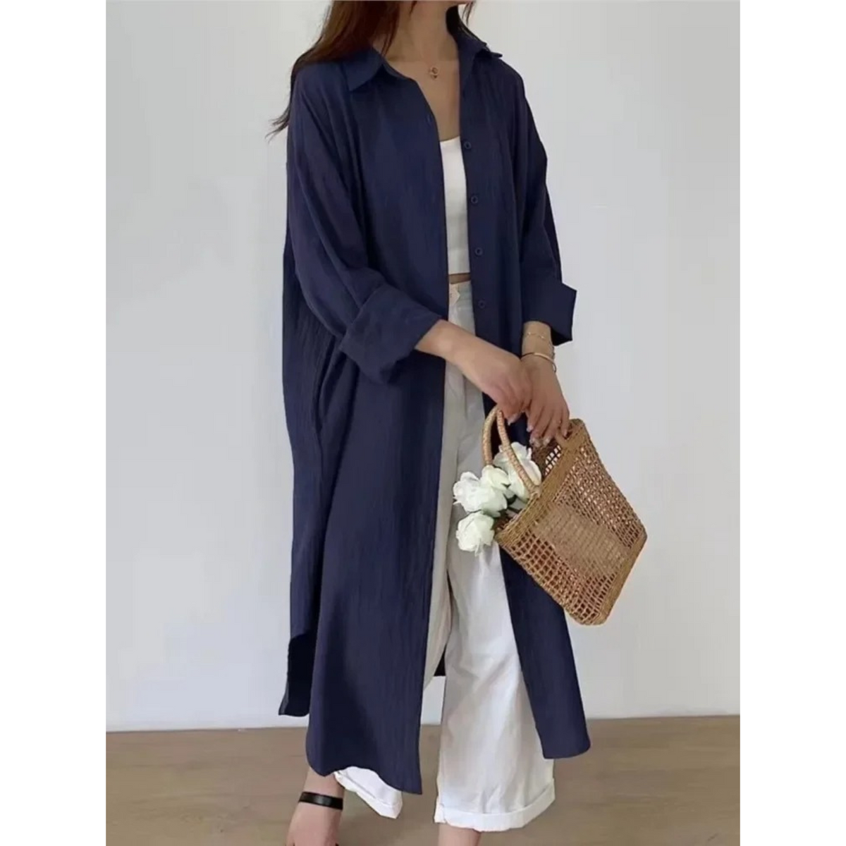 Women's Oversized Linen Button-Up Long Sleeve Shirt Dress