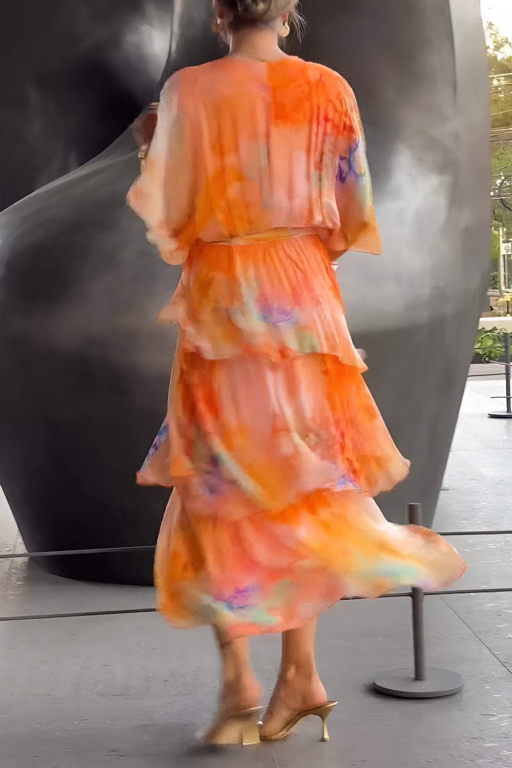 Watercolor Print Wrap Tiered Ruffle Maxi Dress