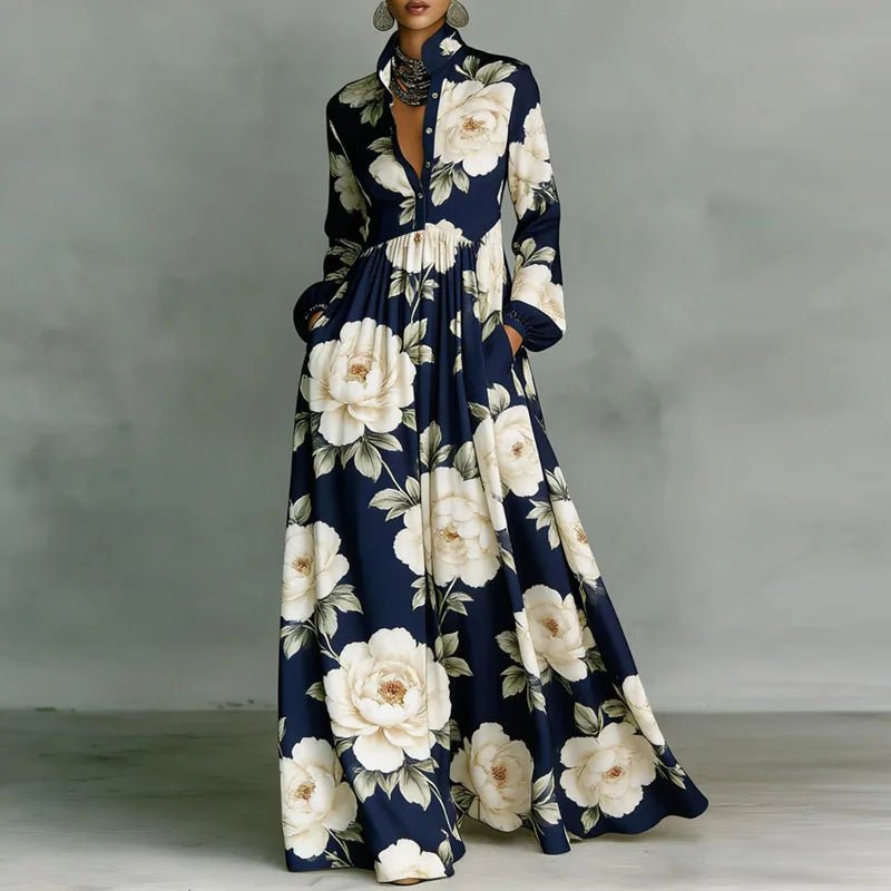 Geometric Print Button-Front Long Sleeve Maxi Dress