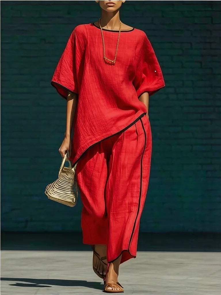 Contrast Piping Oversized Top and Wide Leg Pants Set