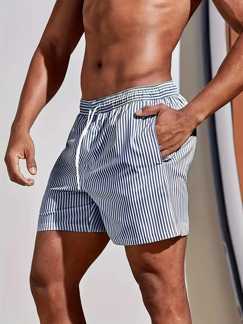Striped Quick-Dry Swim Shorts with Drawstring Waist