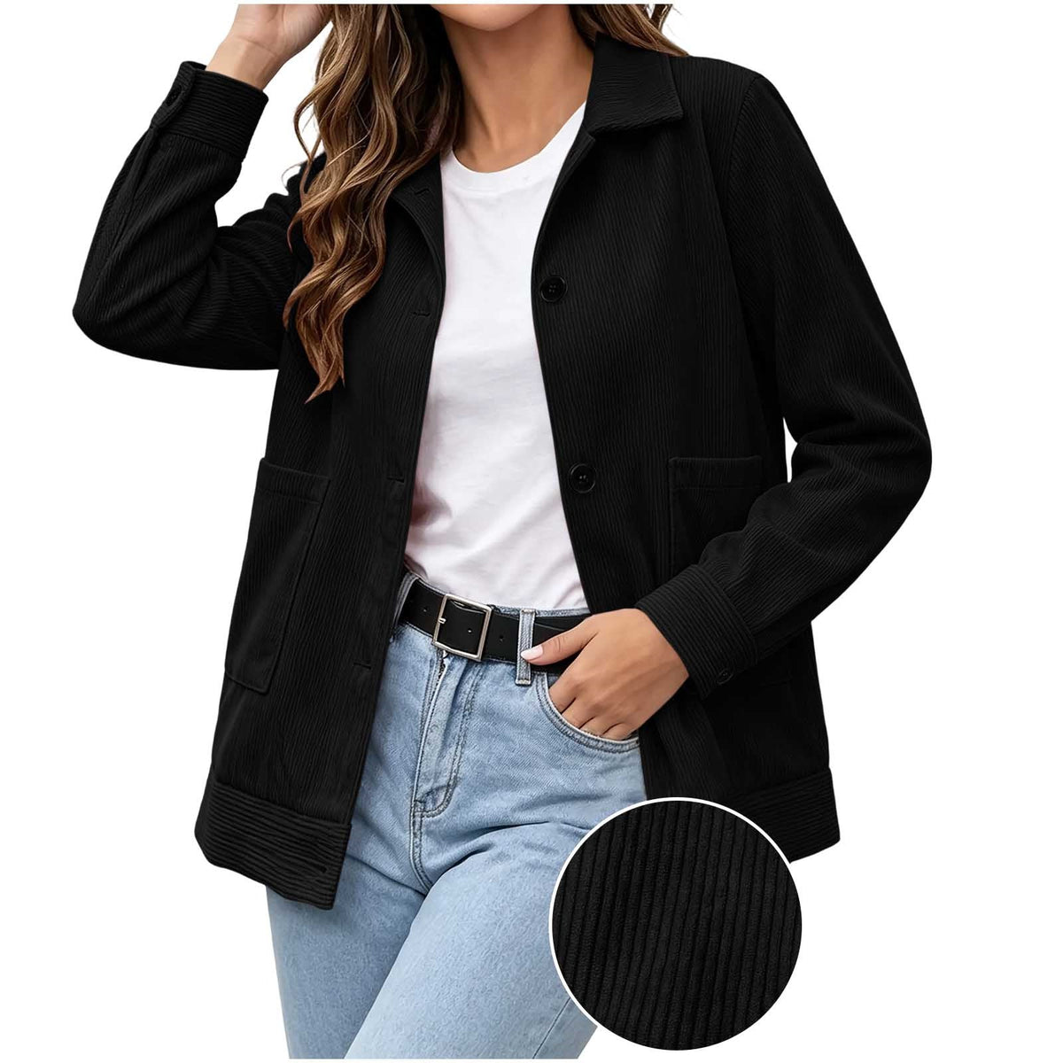 Veste en velours côtelé pour femme boutonnée, avec poches plaquées