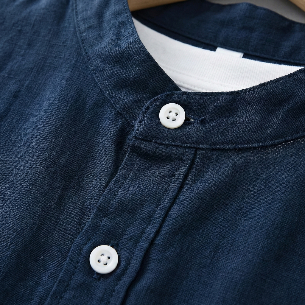 Long Sleeve Linen Shirt with Band Collar and Pocket