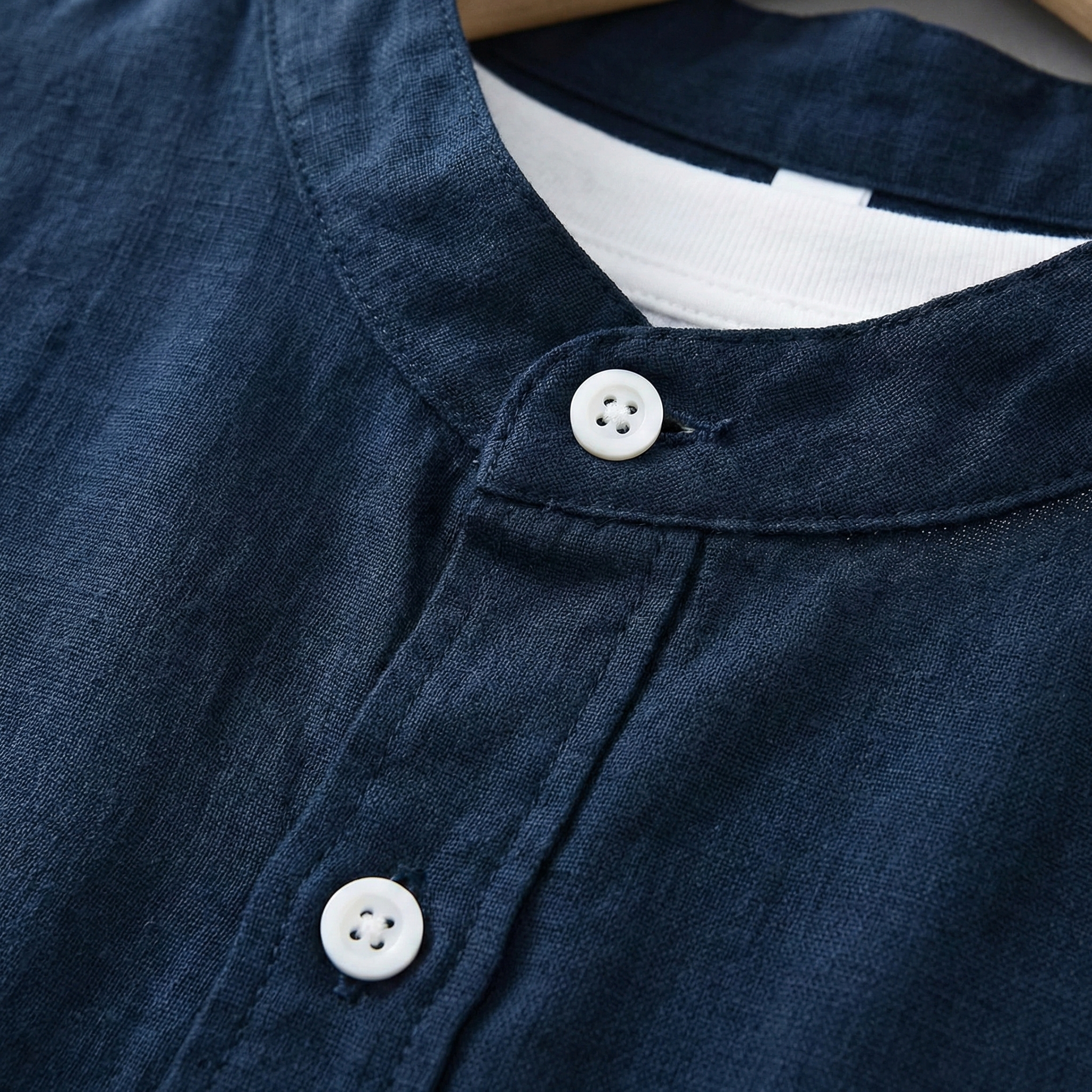 Long Sleeve Linen Shirt with Band Collar and Pocket