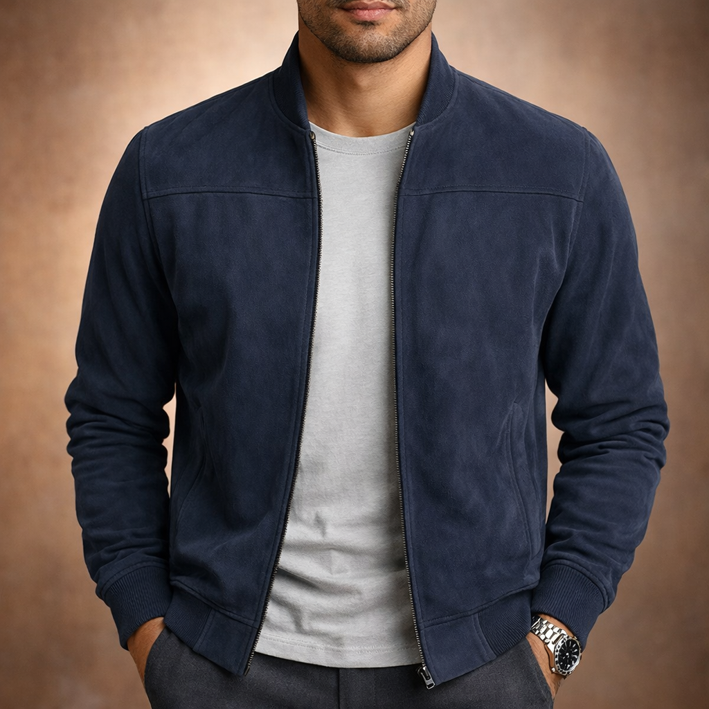 Men's Suede-Effect Ribbed Collar Bomber Jacket
