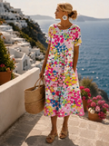 Robe midi pour femme à imprimé abstrait et col rond