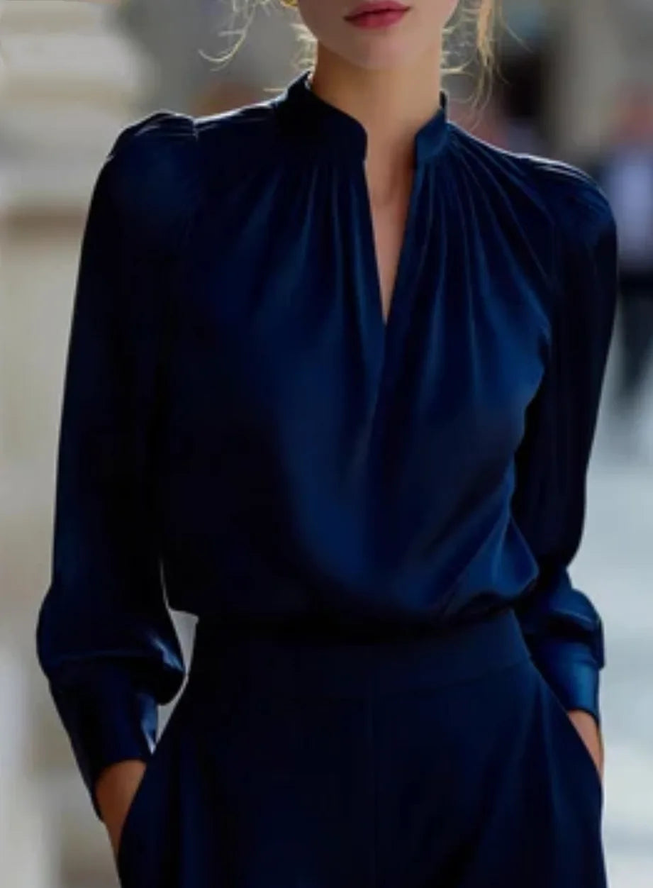 Women's Satin V-Neck Gathered Shoulder Blouse