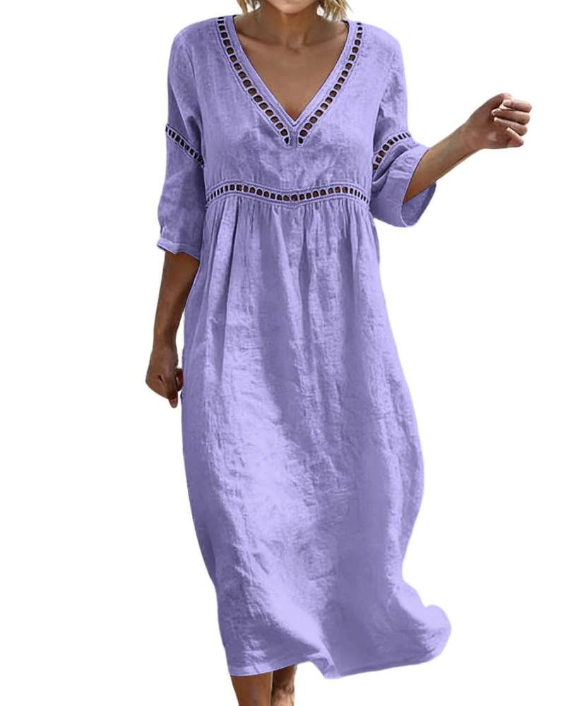 Linen Midi Dress with Hollow Out Trim and Flared Sleeves