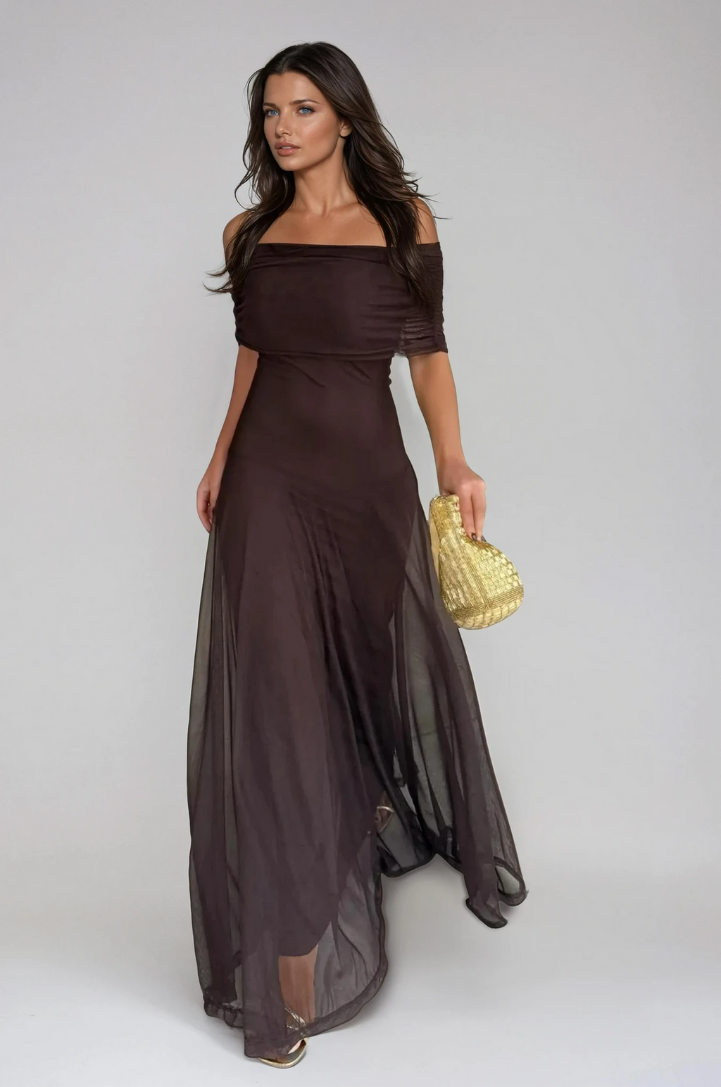 Off-Shoulder Sheer Mesh Flowy Maxi Dress