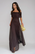 Off-Shoulder Sheer Mesh Flowy Maxi Dress