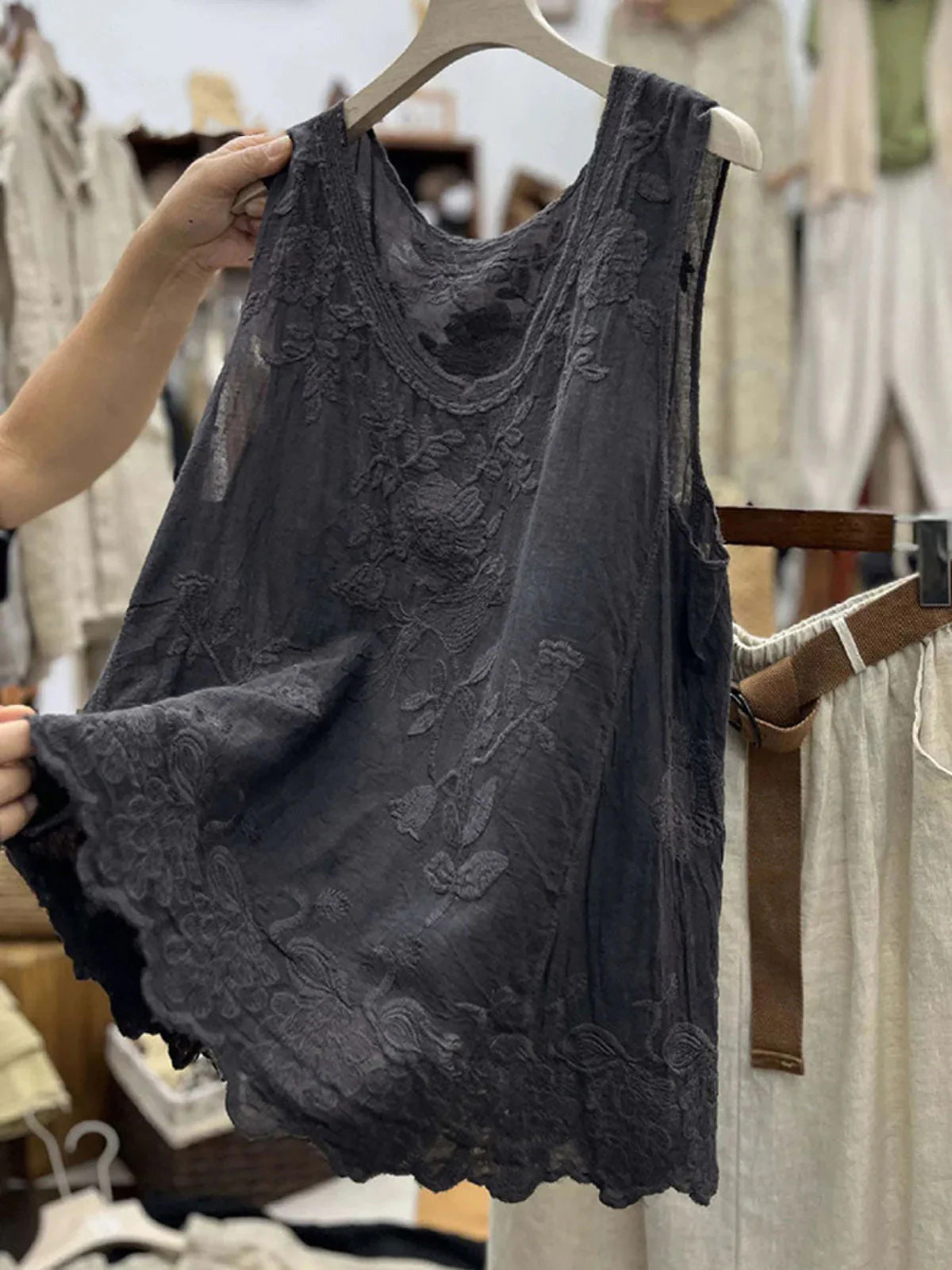 Embroidered Floral Scoop Neck Sleeveless Tank Top