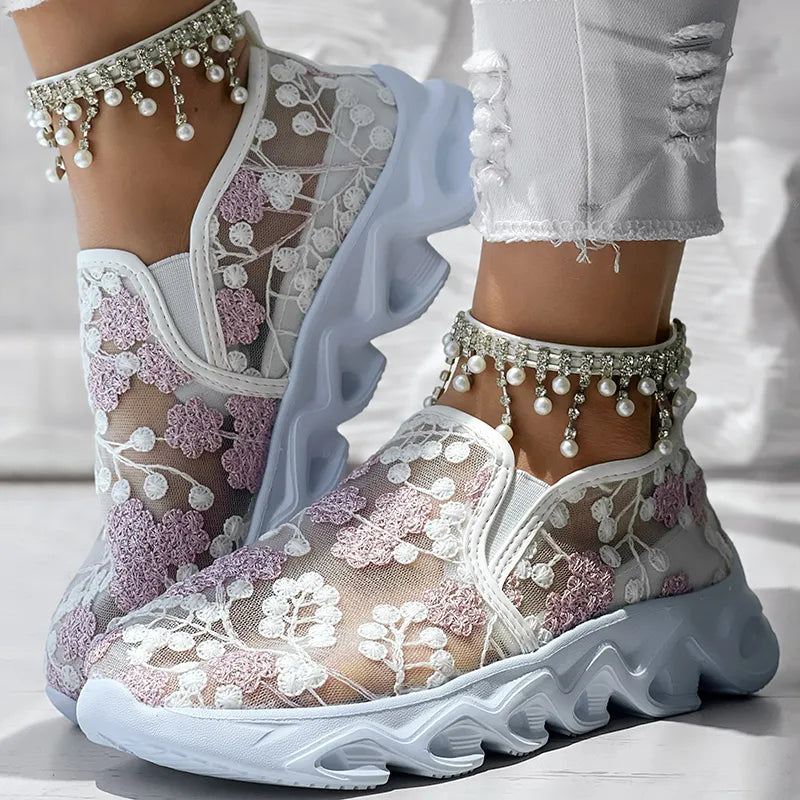 Sheer Floral Lace Mesh High-Top Sneakers