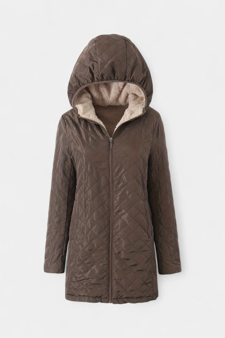 Women’s Diamond Quilted Plush Lined Hooded Zip Coat