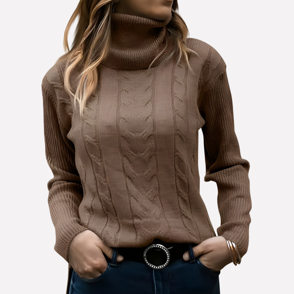 Women's slim fit cable knit turtleneck jumper with long sleeves