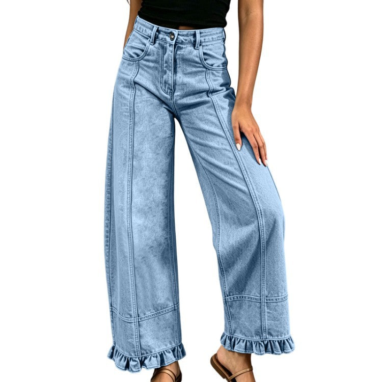 Women's Wide Leg Jeans with Ruffle Hem Detail