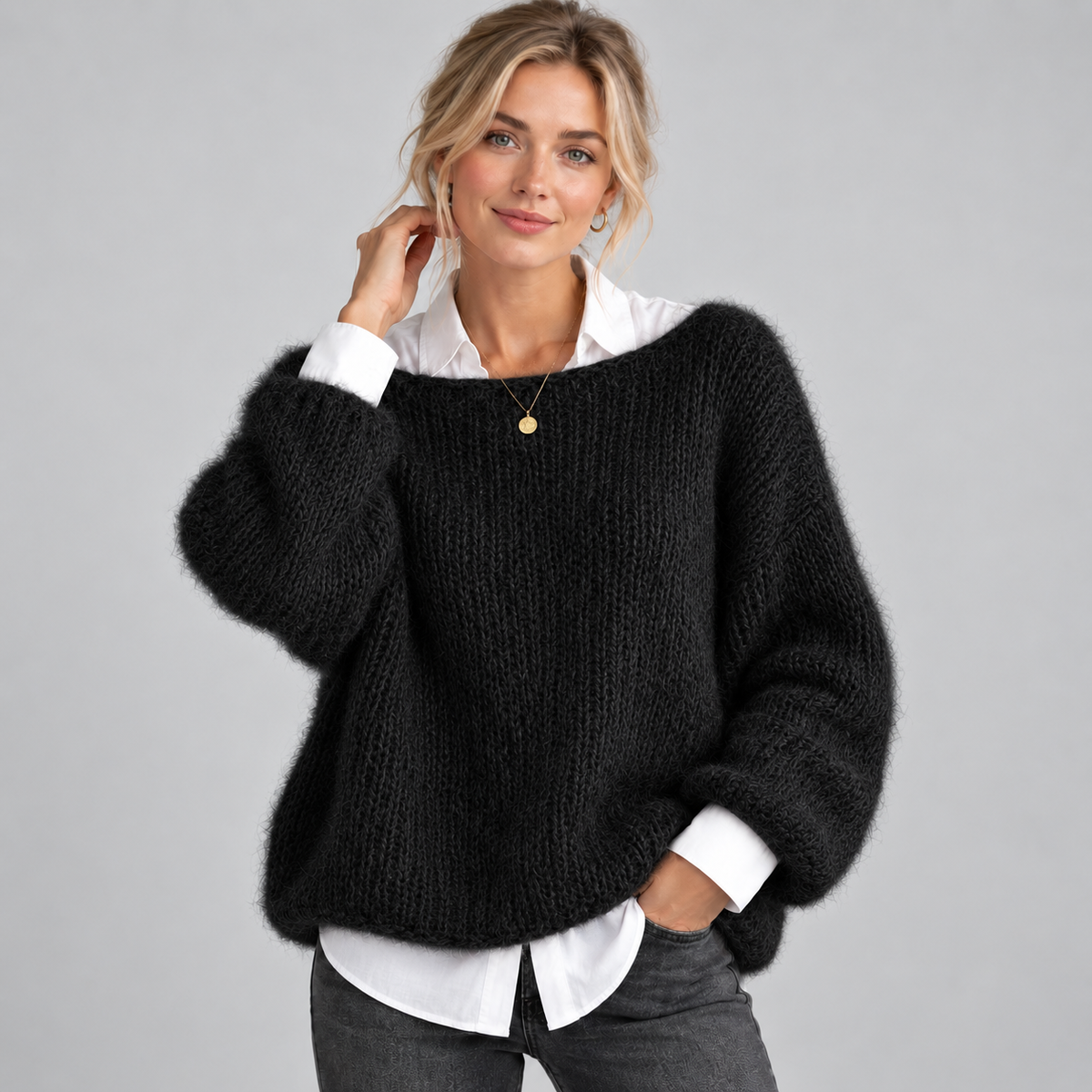 Women's Chunky Fuzzy Knit Boat Neck Sweater