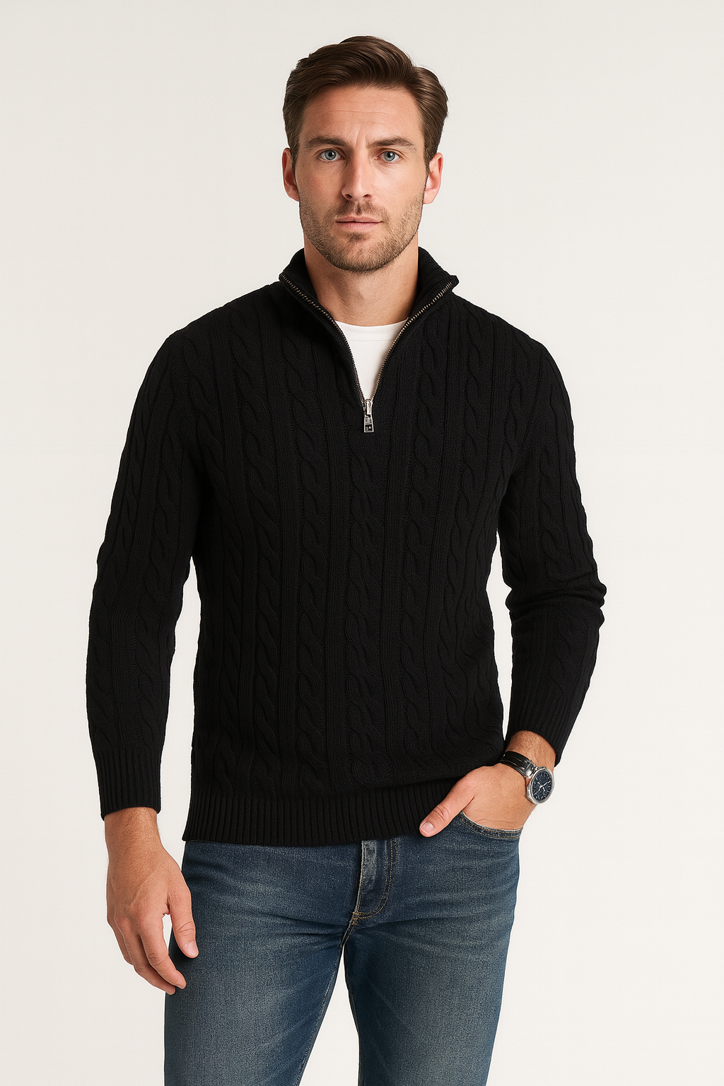 Men's cable knit half-zip mock neck sweater with long sleeves and ribbed trims
