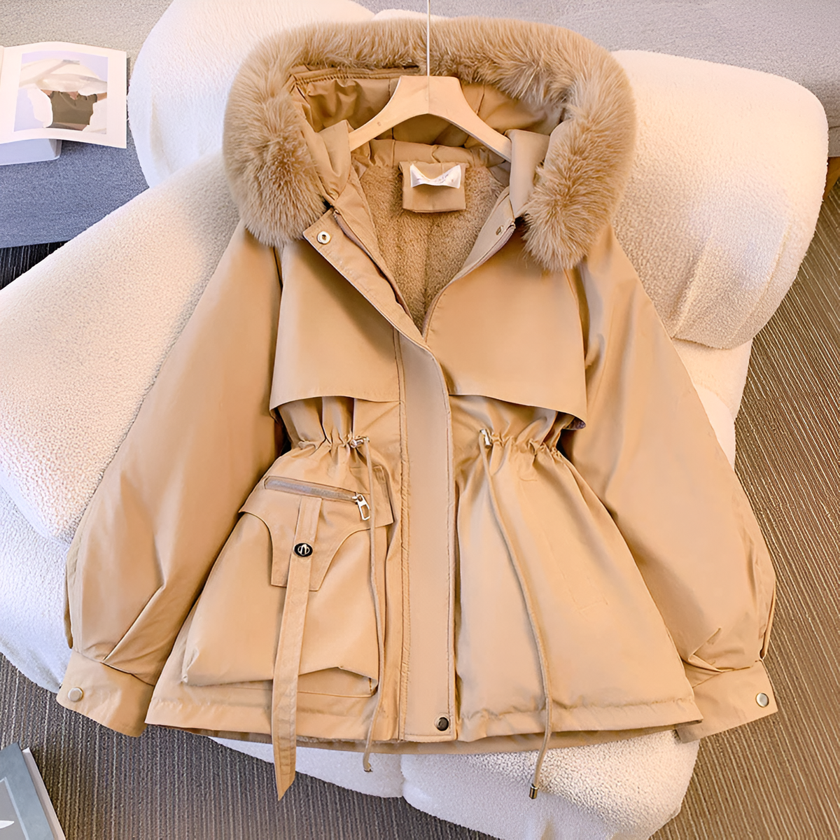 Women's Faux Fur Hood Fleece-Lined Drawstring Parka