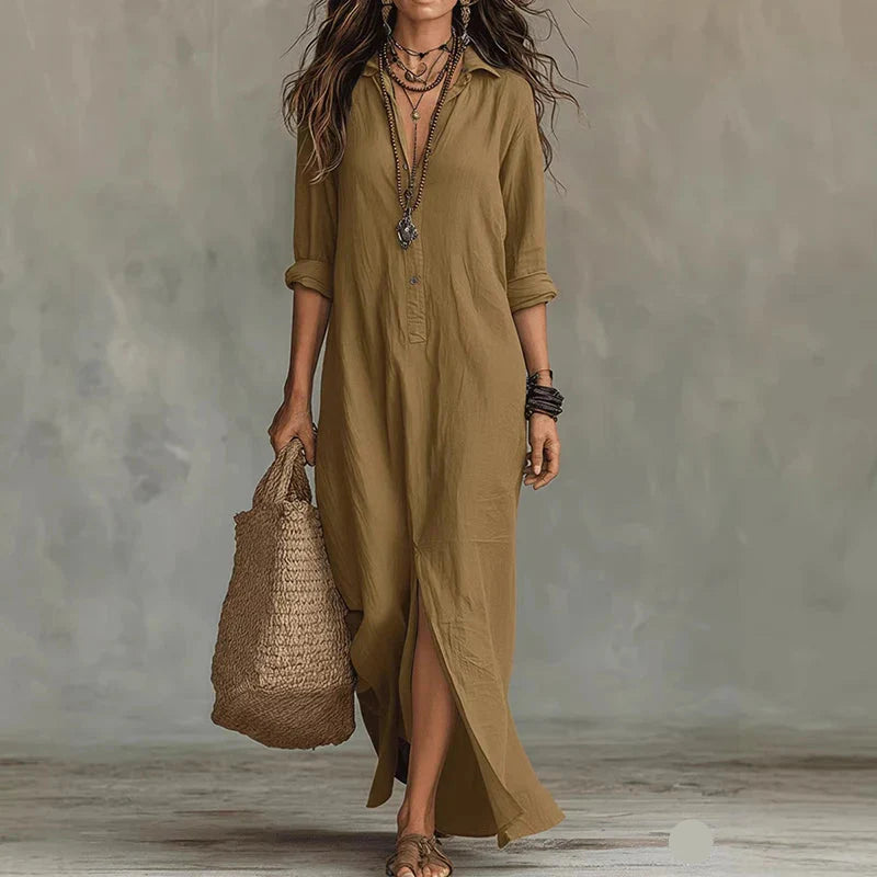 Linen Shirt Maxi Dress with Button Front