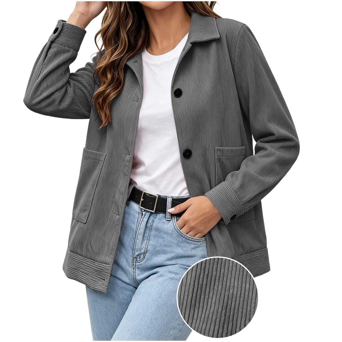Women's Corduroy Button-Up Jacket with Patch Pockets