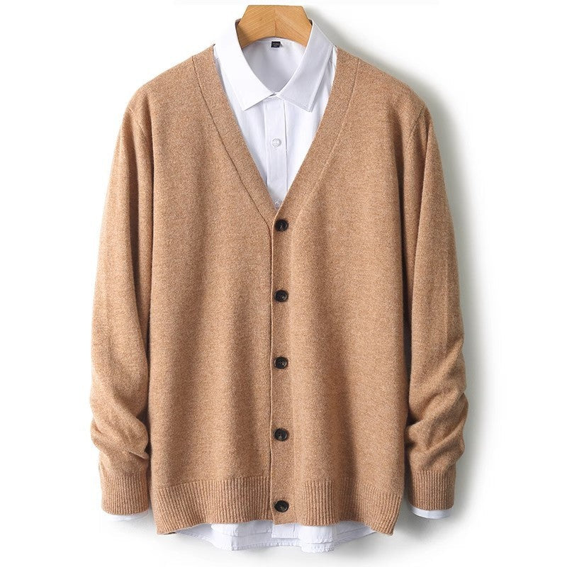 Men's heathered knit V-neck button cardigan with long sleeves