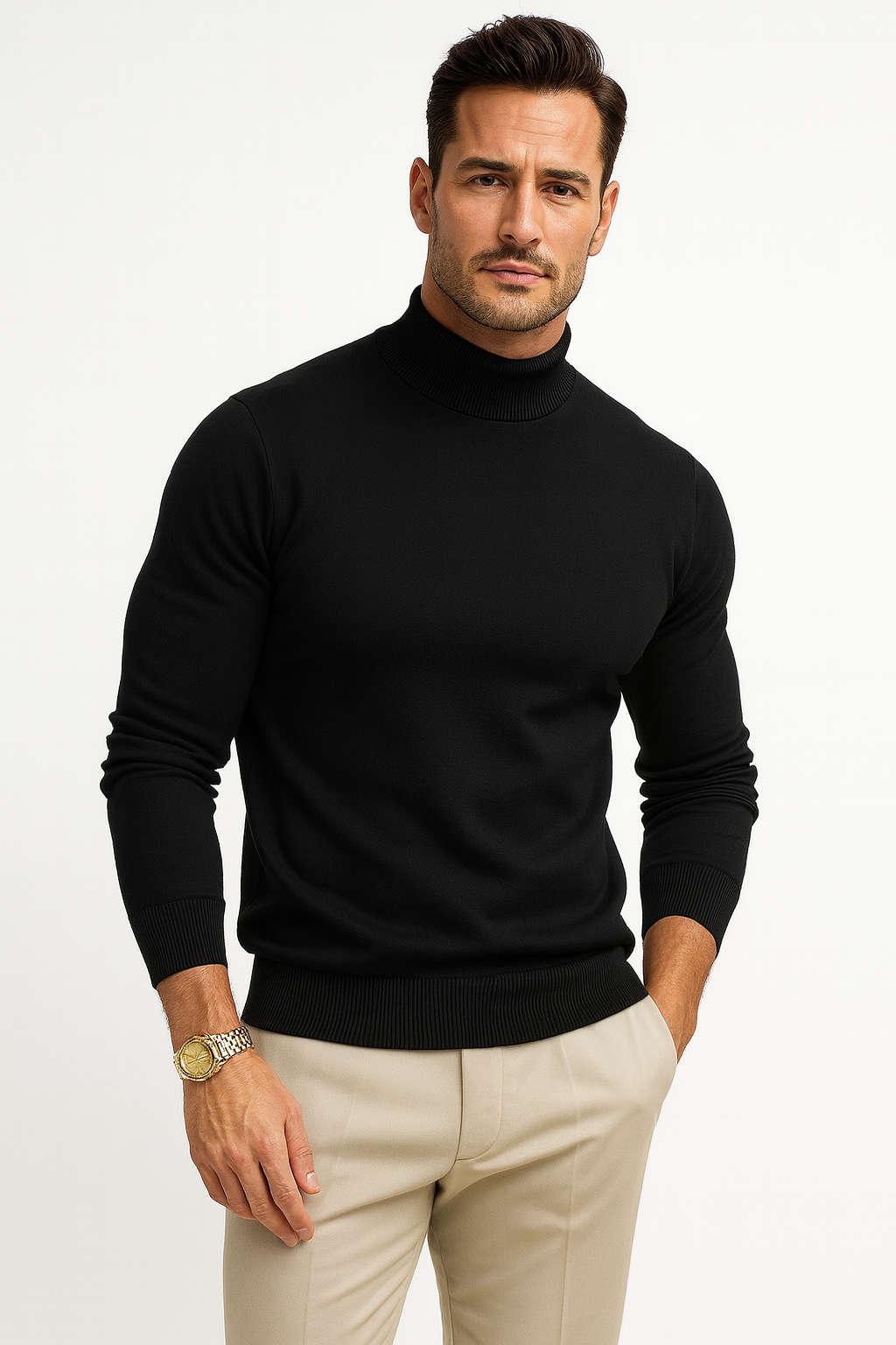 Men's plain mock turtleneck knit sweater with long sleeves and ribbed trim