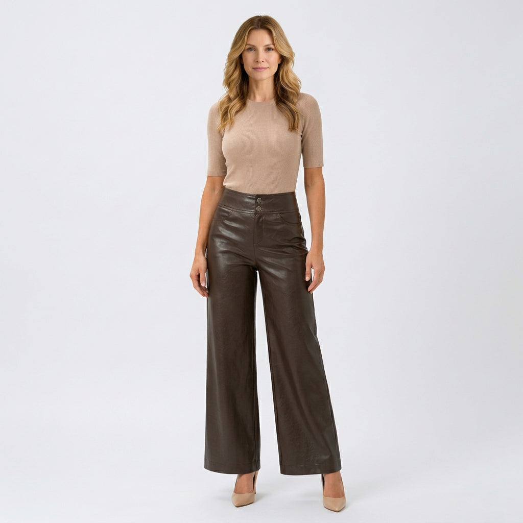Women’s High Waisted Faux Leather Pants – Wide Leg Button Front