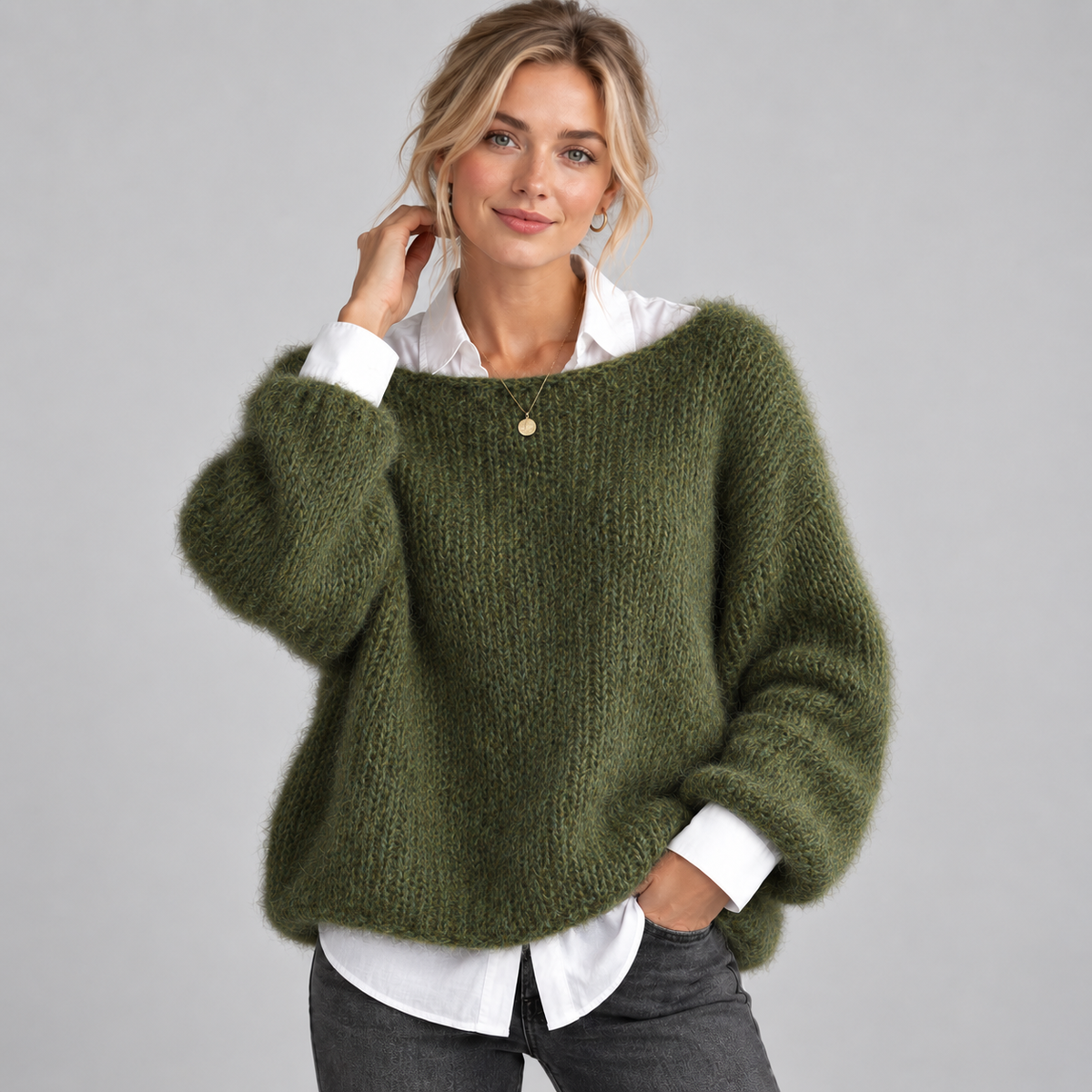 Women's Chunky Fuzzy Knit Boat Neck Sweater