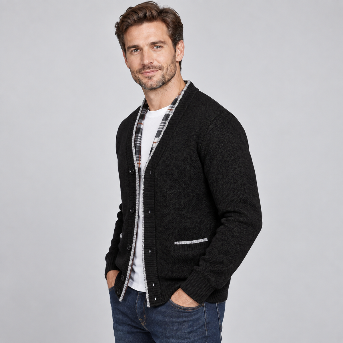 Men's Knit Shawl Collar Cardigan with Plaid Trim