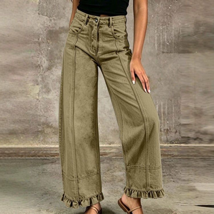 Women's Wide Leg Jeans with Ruffle Hem Detail