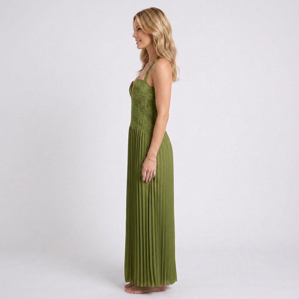 Olive Green Halter Maxi Dress Women’s Pleated Occasion Dress