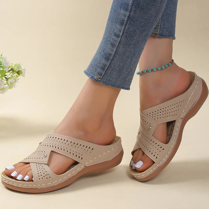 Cross-Strap Wedge Slide Sandals with Perforated Detail