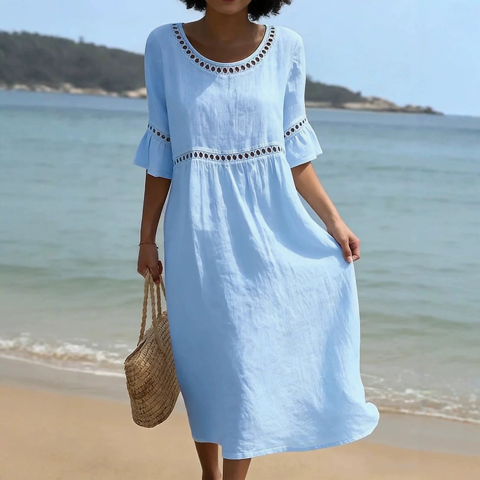 Linen Midi Dress with Hollow Out Trim and Flared Sleeves