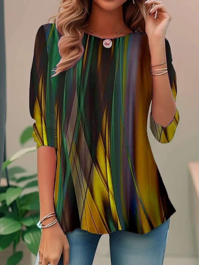 Ombre Stripe Print Round Neck Swing Top