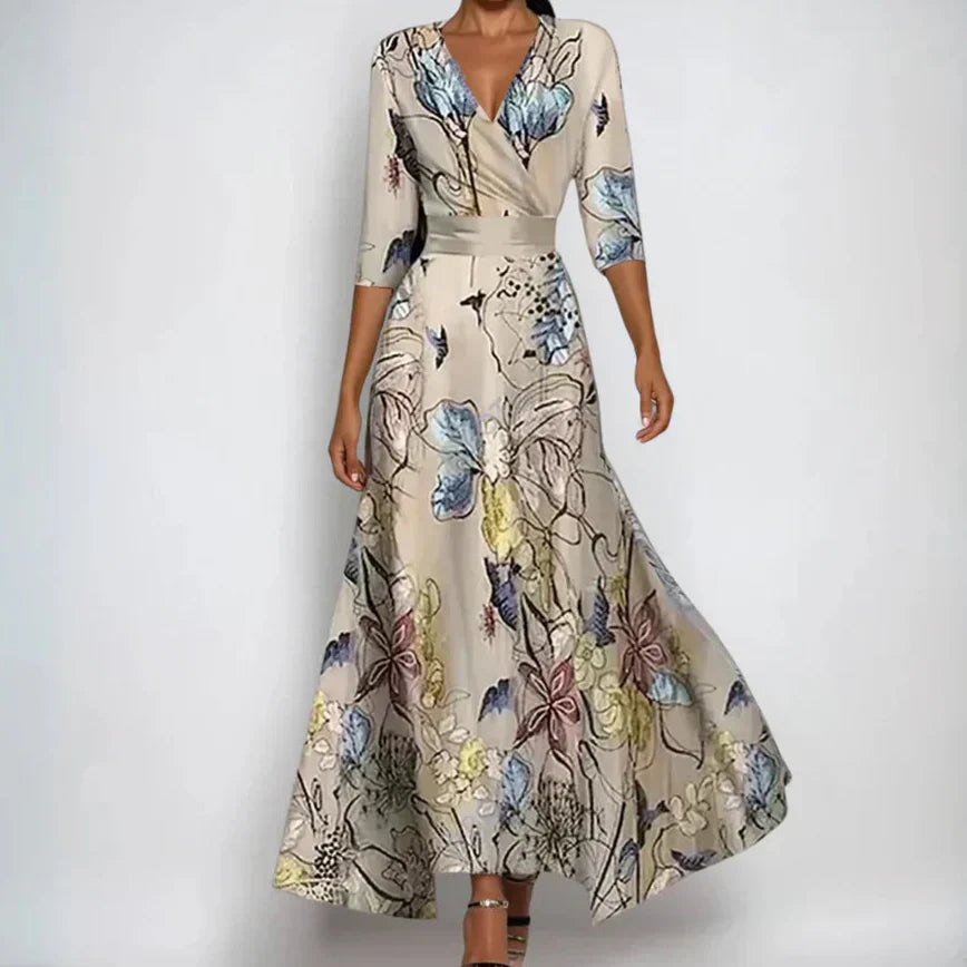 Floral Print Wrap V-Neck Belted Maxi Dress