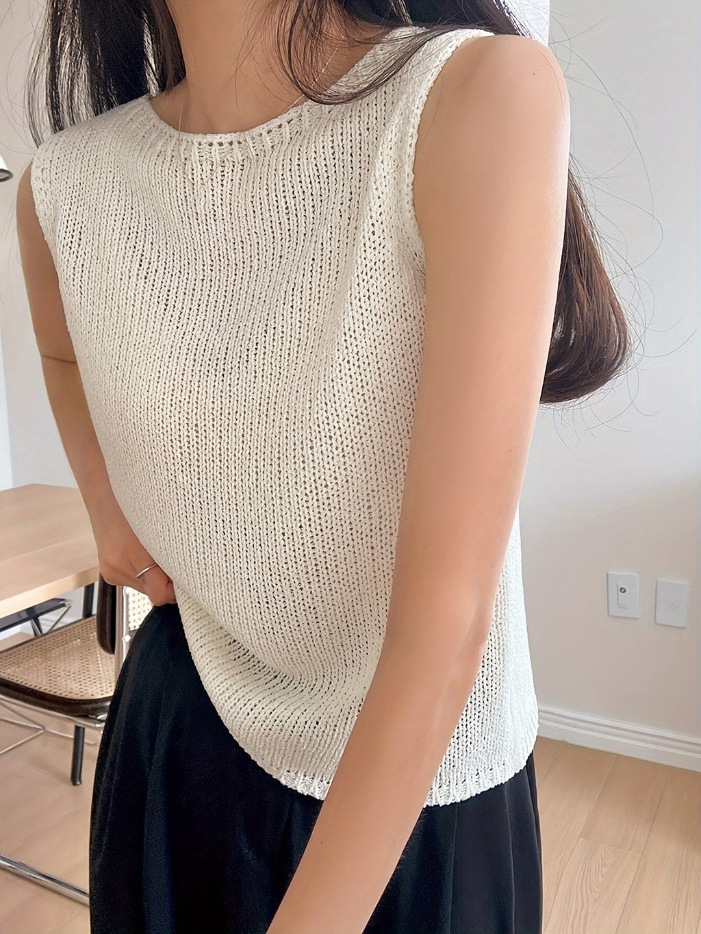 Open Knit Sleeveless Round Neck Tank Top