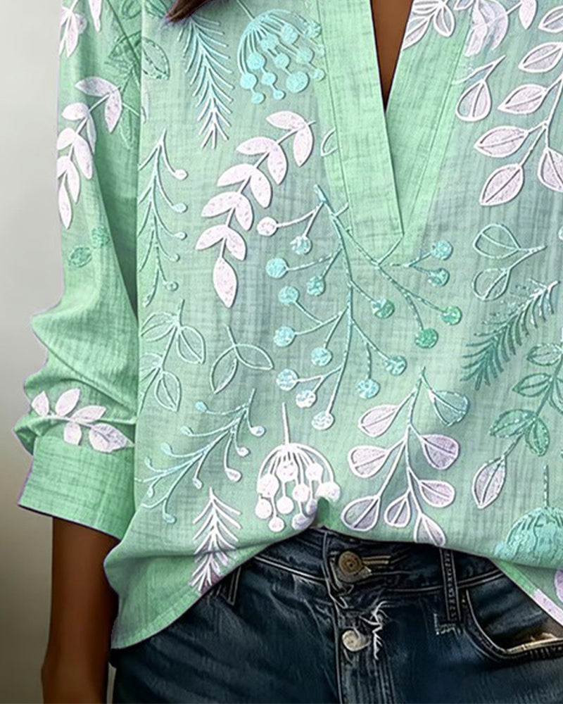 Botanical Print V-Neck Long Sleeve Blouse
