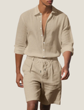 Linen Two Piece Set with Long Sleeve Shirt and Shorts