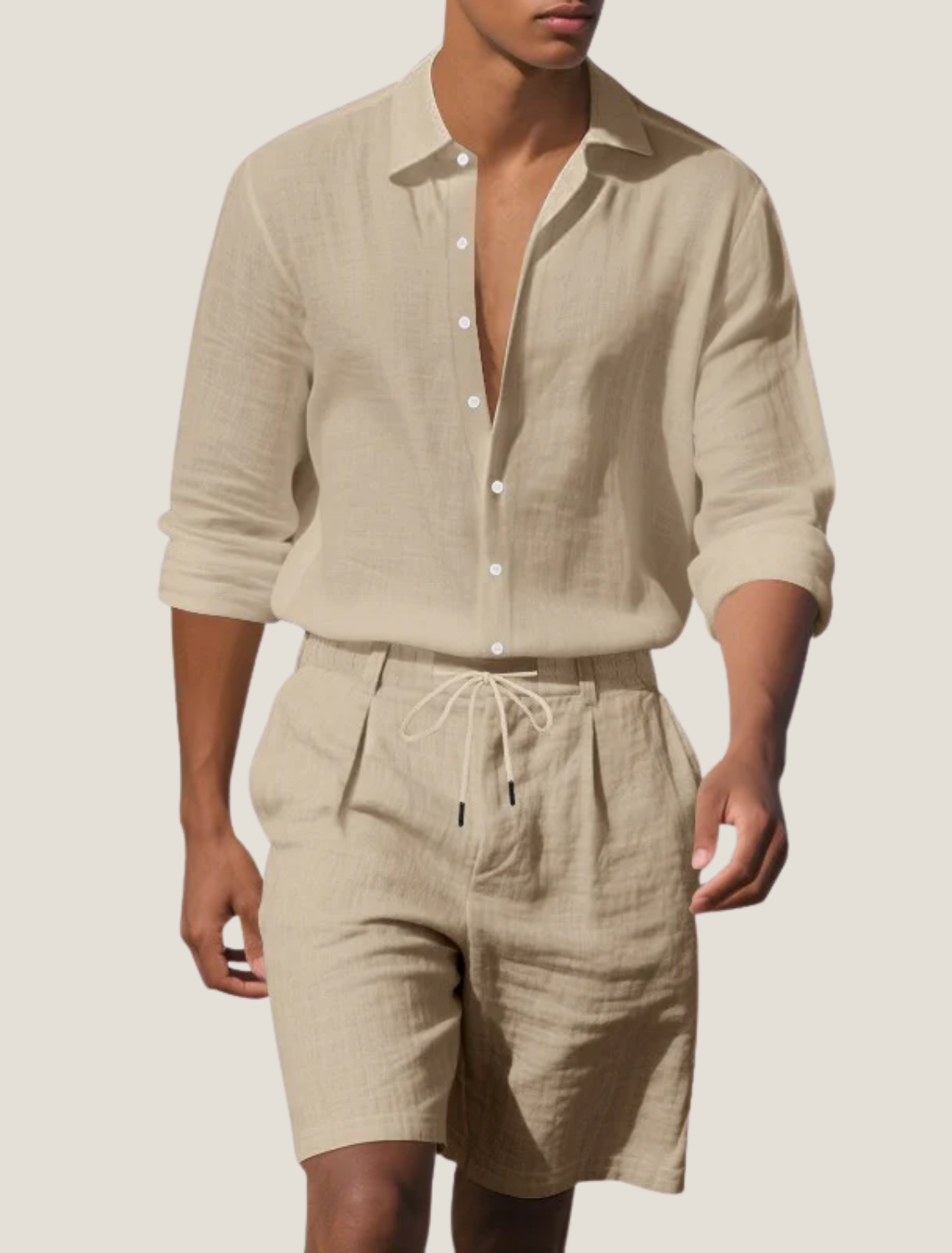 Linen Two Piece Set with Long Sleeve Shirt and Shorts