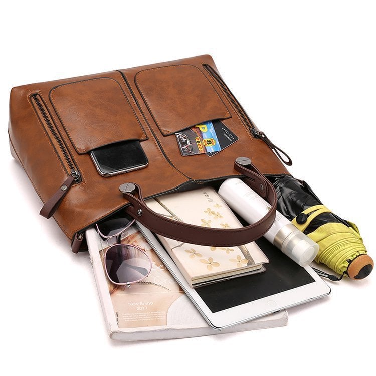 Multi-Pocket Structured Tote Bag with Front Pouches