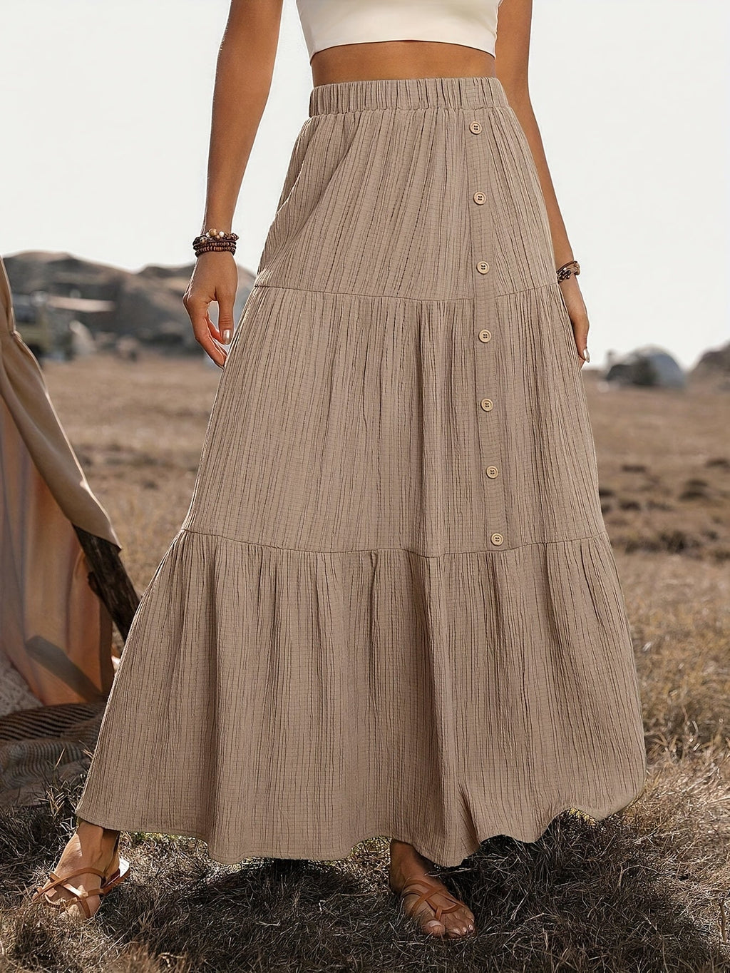 Tiered Boho Maxi Skirt with Button Front Detail