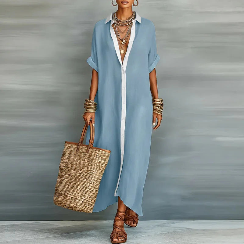 Linen Blend Collared Button-Front Maxi Shirt Dress